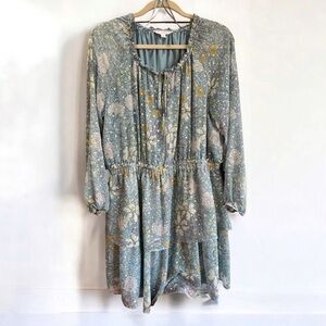 🗽LC Lauren Conrad Long Sleeve Floral Dress - Blue and Cream.Gold Shimmer accent